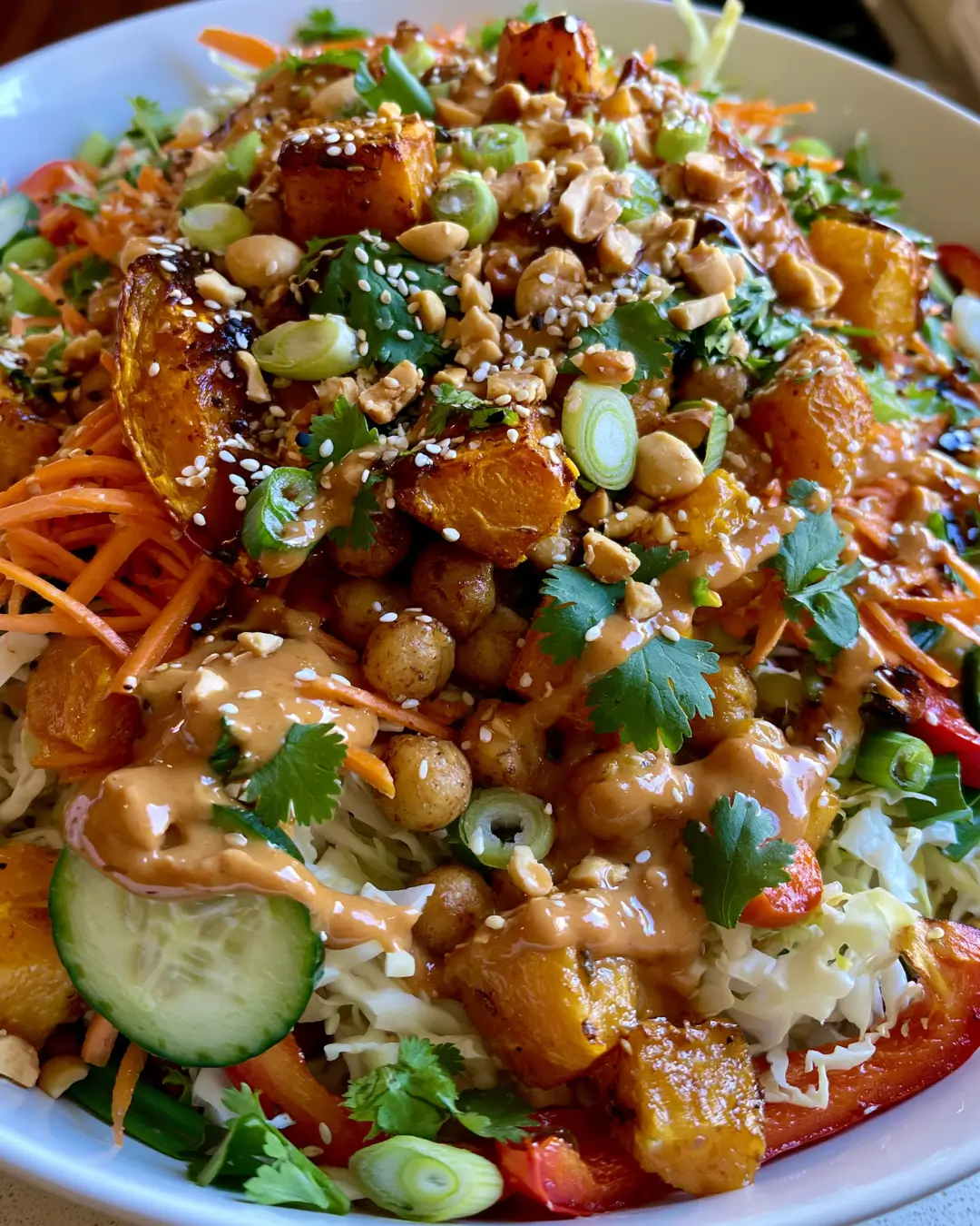 Thai Crunch Pumpkin & Squash Salad with Crispy Chickpeas, Cucumber, Carrots & Creamy Peanut Dressing