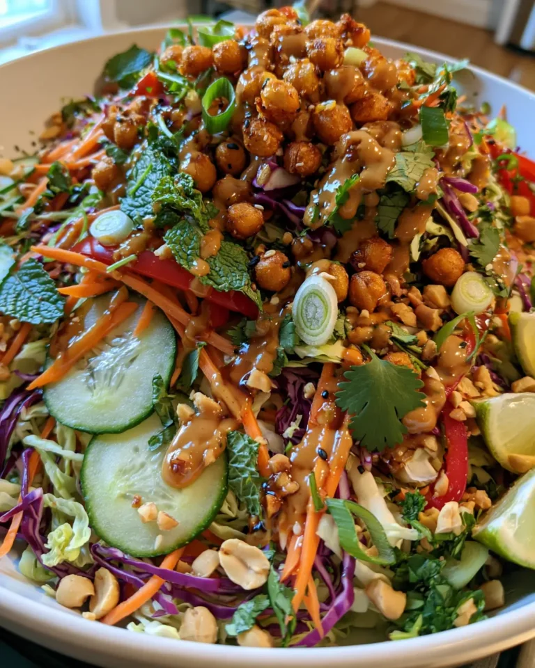 Thai Crunch Salad with Crispy Chickpeas, Cucumber, Carrots & Creamy Peanut Dressing