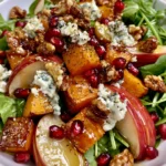 Warm Roasted Pumpkin & Apple Salad with Gorgonzola, Pomegranate, Walnuts & Hot Honey