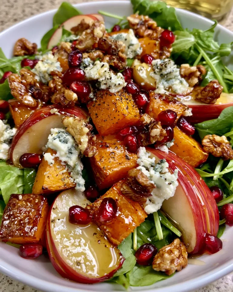 Warm Roasted Pumpkin & Apple Salad with Gorgonzola, Pomegranate, Walnuts & Hot Honey
