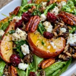 Warm Wild Rice Harvest Salad with Roasted Pears, Cranberries, Feta & Candied Pecans