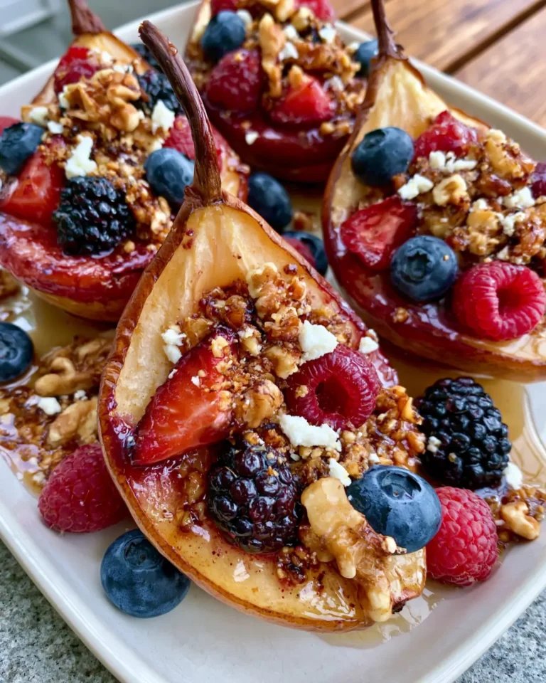 Baked Pears with Honey, Fresh Berries, Walnuts & Feta Crumble