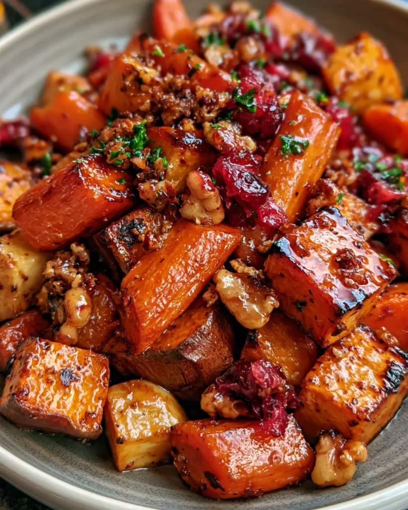 Caramelized Sweet Potato & Carrot Medley with Walnuts & Cranberry Glaze