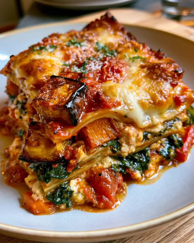 Cheesy Roasted Vegetable Lasagne with Spinach, Ricotta & Mozzarella