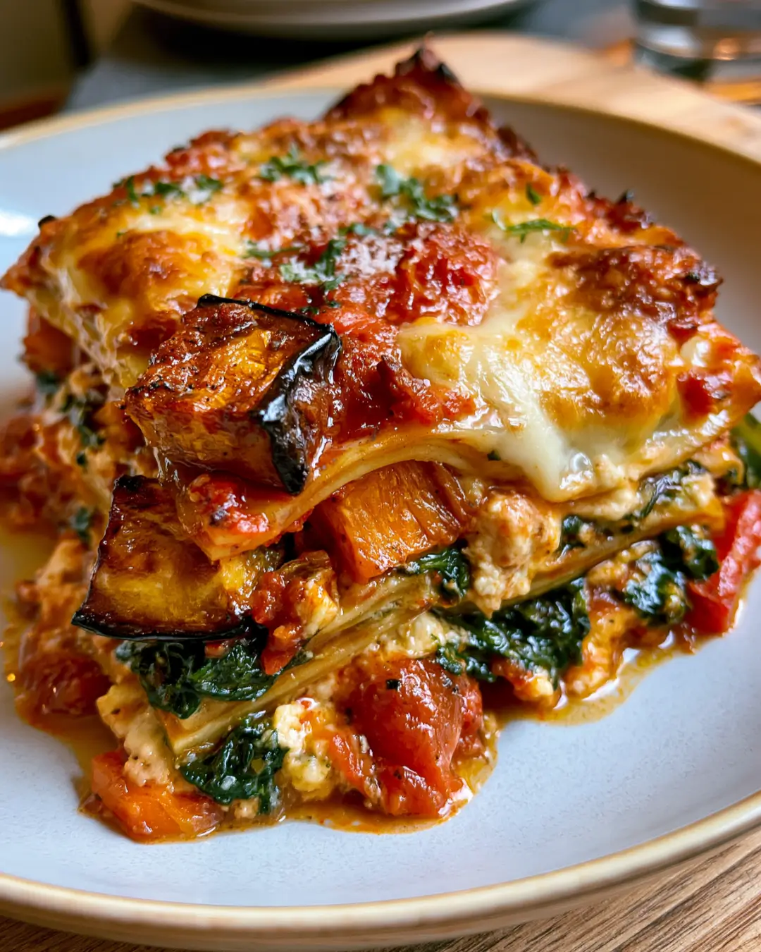 Cheesy Roasted Vegetable Lasagne with Spinach, Ricotta & Mozzarella