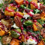 Cranberry-Glazed Roasted Butternut Squash, Brussels Sprouts, and Sweet Potato Salad with Cranberries and Goat Cheese