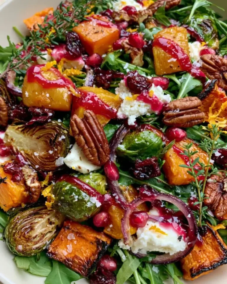 Cranberry-Glazed Roasted Butternut Squash, Brussels Sprouts, and Sweet Potato Salad with Cranberries and Goat Cheese