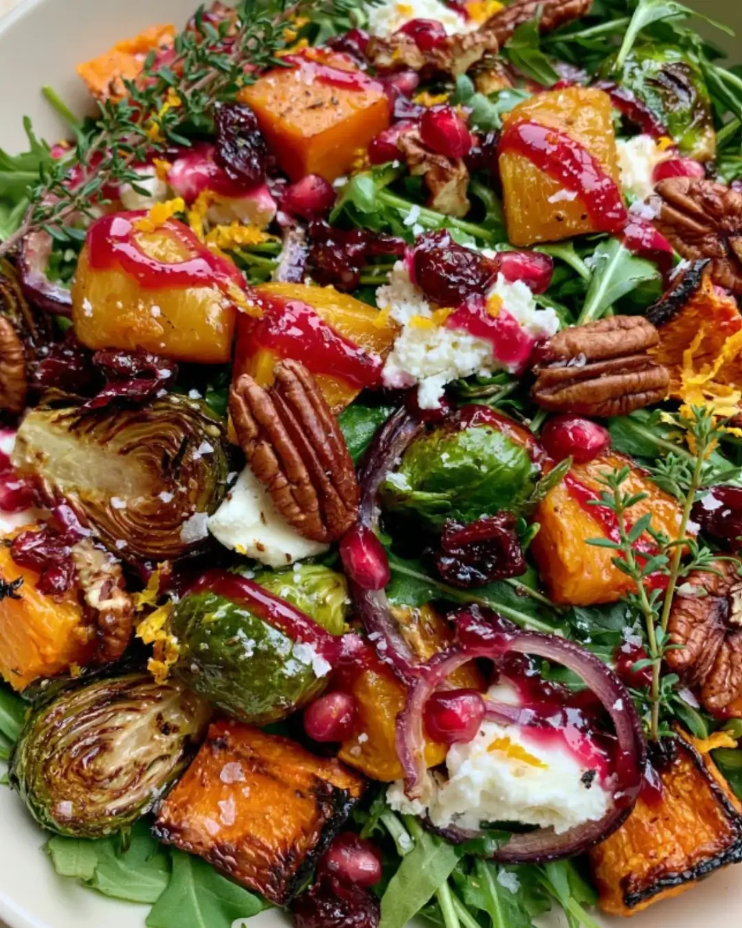 Cranberry-Glazed Roasted Butternut Squash, Brussels Sprouts, and Sweet Potato Salad with Cranberries and Goat Cheese