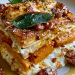 Creamy Butternut Squash Lasagna with Burrata, Crispy Sage, Candied Pecans & Hot Honey