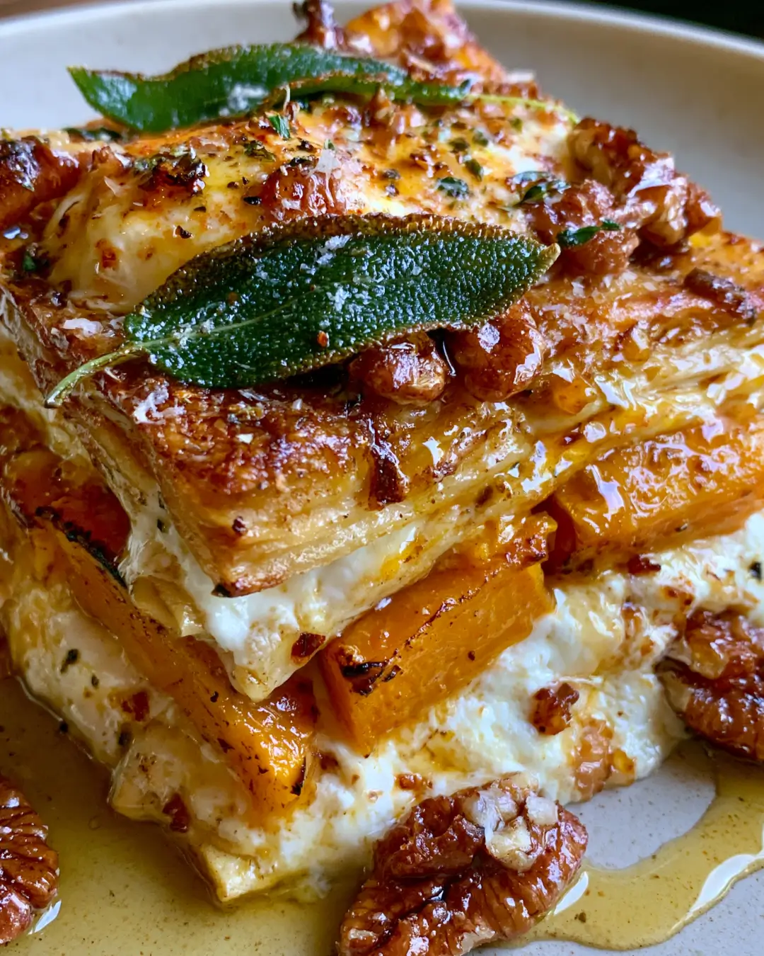 Creamy Butternut Squash Lasagna with Burrata, Crispy Sage, Candied Pecans & Hot Honey