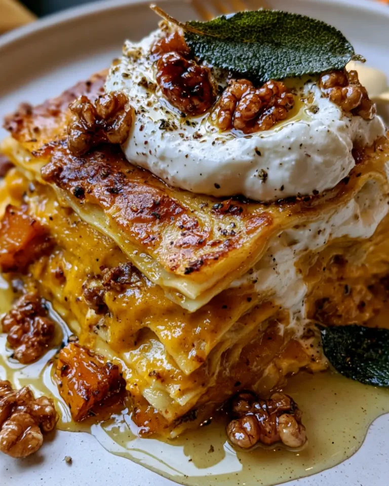 Creamy Pumpkin Lasagna with Burrata, Crispy Sage, Candied Walnuts & Hot Honey
