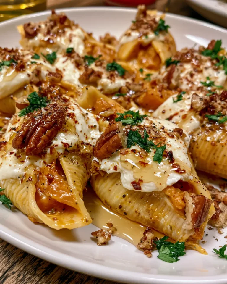 Creamy Pumpkin & Sweet Potato Stuffed Shells with Burrata, Pecans & Maple Honey