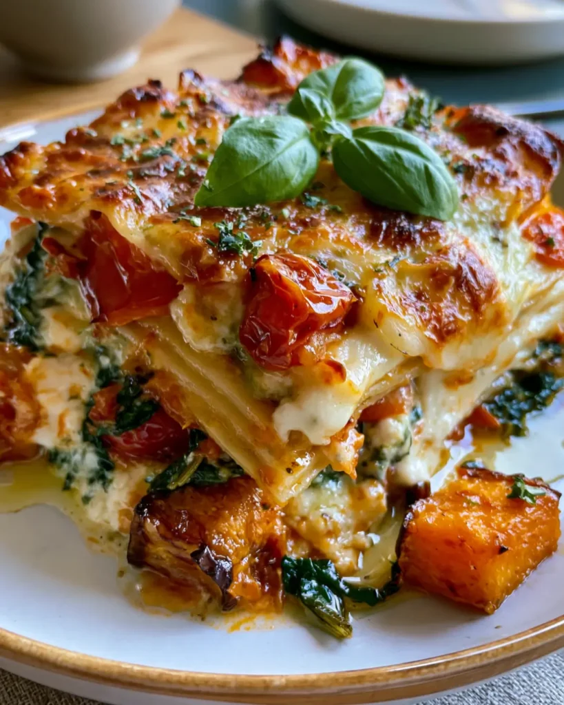 Creamy Roasted Vegetable Lasagne with Spinach, Ricotta & Mozzarella