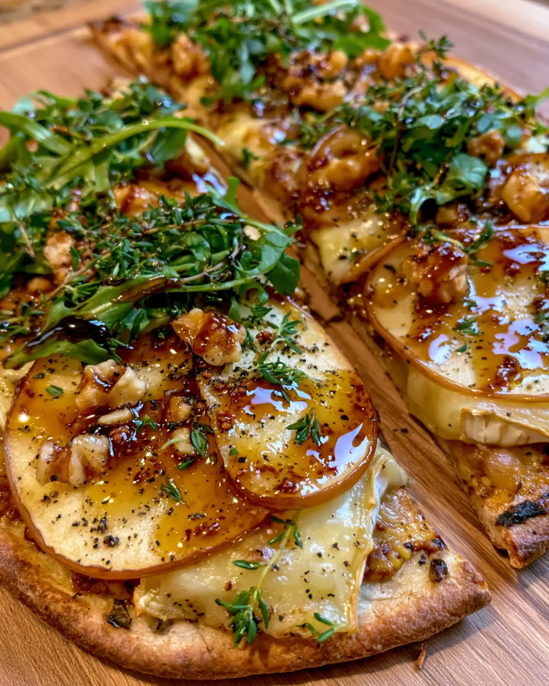 Crispy Apple, Brie & Walnut Flatbread with Maple Dijon Drizzle