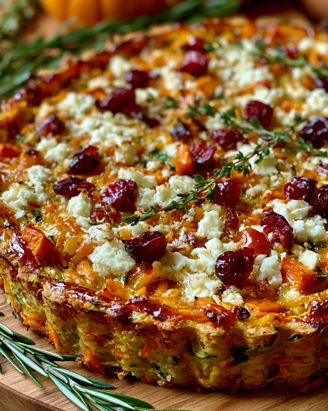 Crispy Butternut & Zucchini Rosti Quiche with Feta, Cranberries & Caramelized Honey