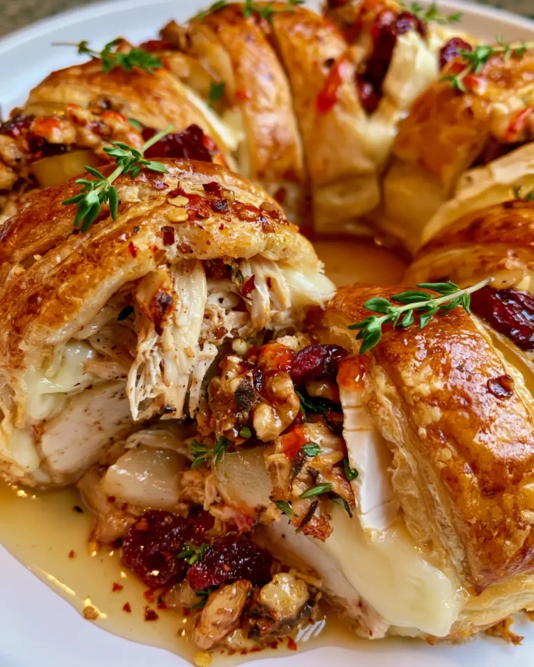 Crispy Chicken & Brie Puff Pastry Wreath with Cranberries, Pears & Hot Honey