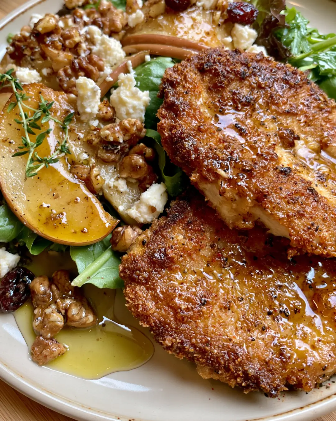 Crispy Chicken Cutlets with Warm Apple Feta Salad & Honey Dijon Glaze