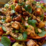 Crispy Pumpkin Thai Salad with Cucumber, Carrots, Avocado, Crispy Chickpeas & Peanut Lime Dressing