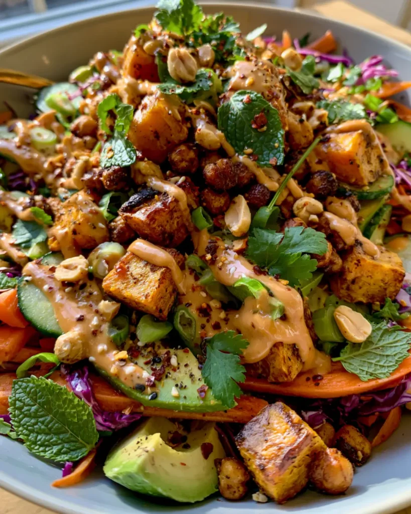 Crispy Pumpkin Thai Salad with Cucumber, Carrots, Avocado, Crispy Chickpeas & Peanut Lime Dressing