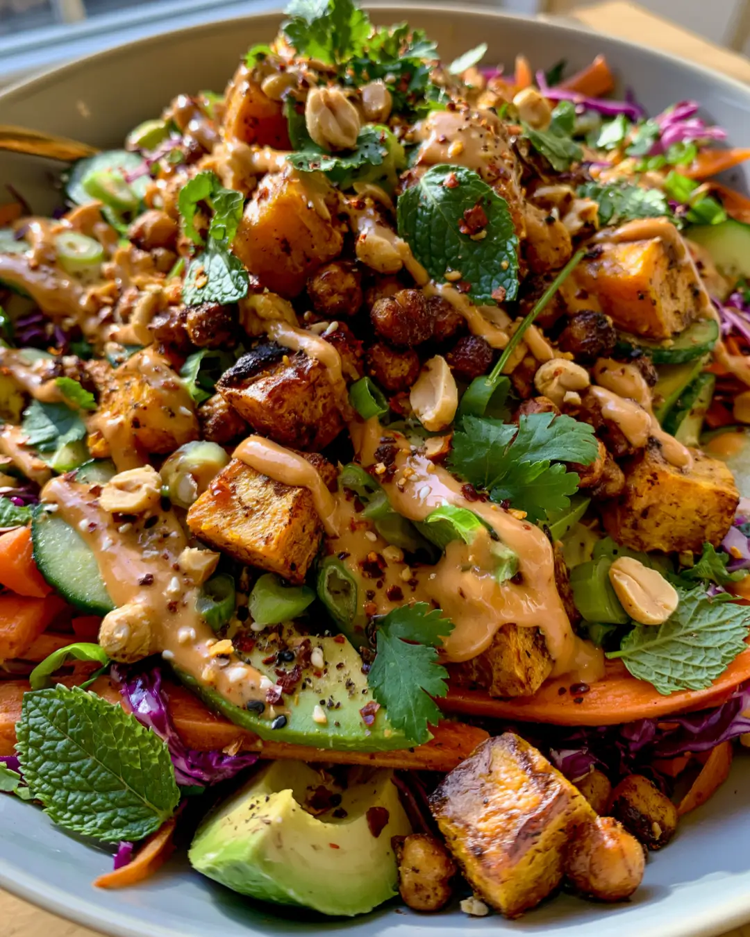 Crispy Pumpkin Thai Salad with Cucumber, Carrots, Avocado, Crispy Chickpeas & Peanut Lime Dressing