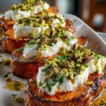 Crispy Roasted Sweet Potato Rounds with Creamy Burrata, Citrus Drizzle & Pistachio Crunch