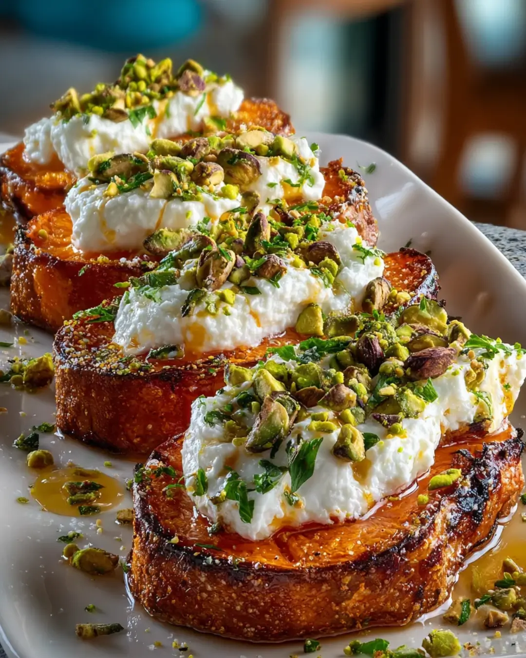 Crispy Roasted Sweet Potato Rounds with Creamy Burrata, Citrus Drizzle & Pistachio Crunch