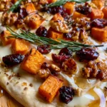 Crispy Sweet Potato Flatbread with Melted Brie, Cranberries, Rosemary & Hot Honey Walnuts