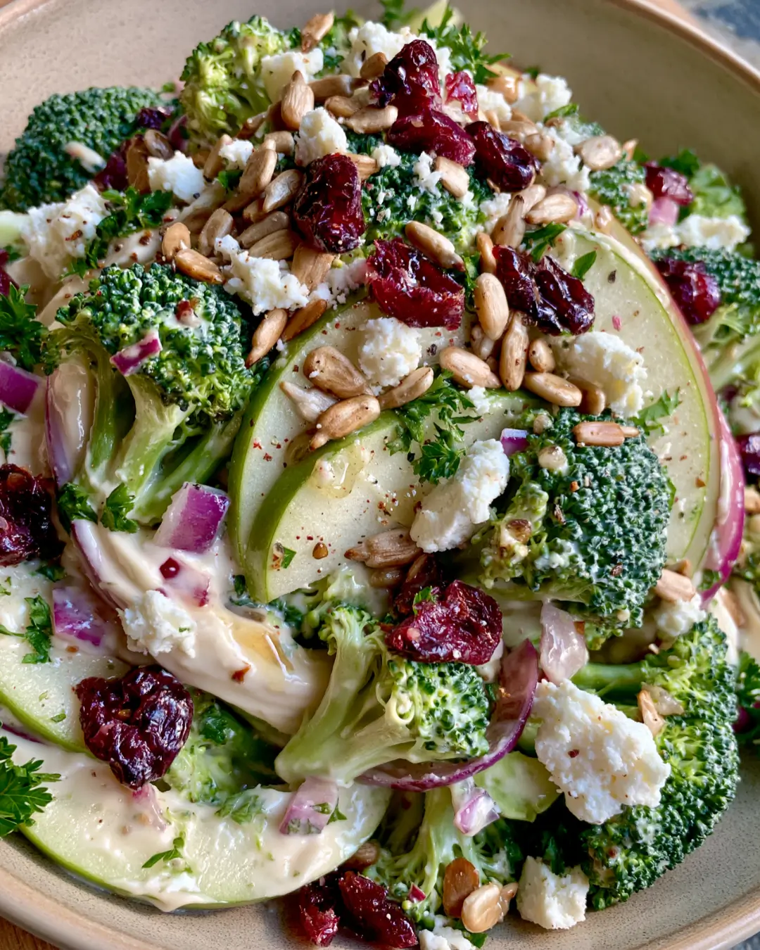 Crunchy Apple & Broccoli Salad with Cranberries, Feta, Sunflower Seeds & Honey Dressing