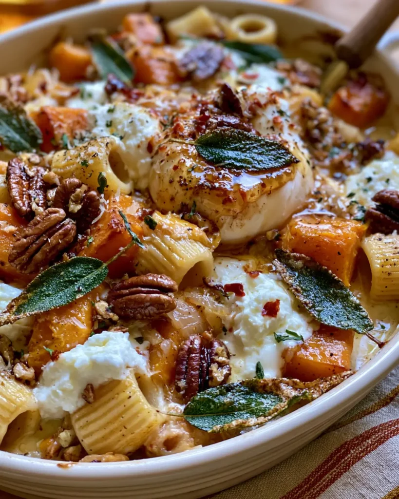 Golden Butternut Squash Pasta Bake with Burrata, Crispy Sage, Pecans & Hot Honey