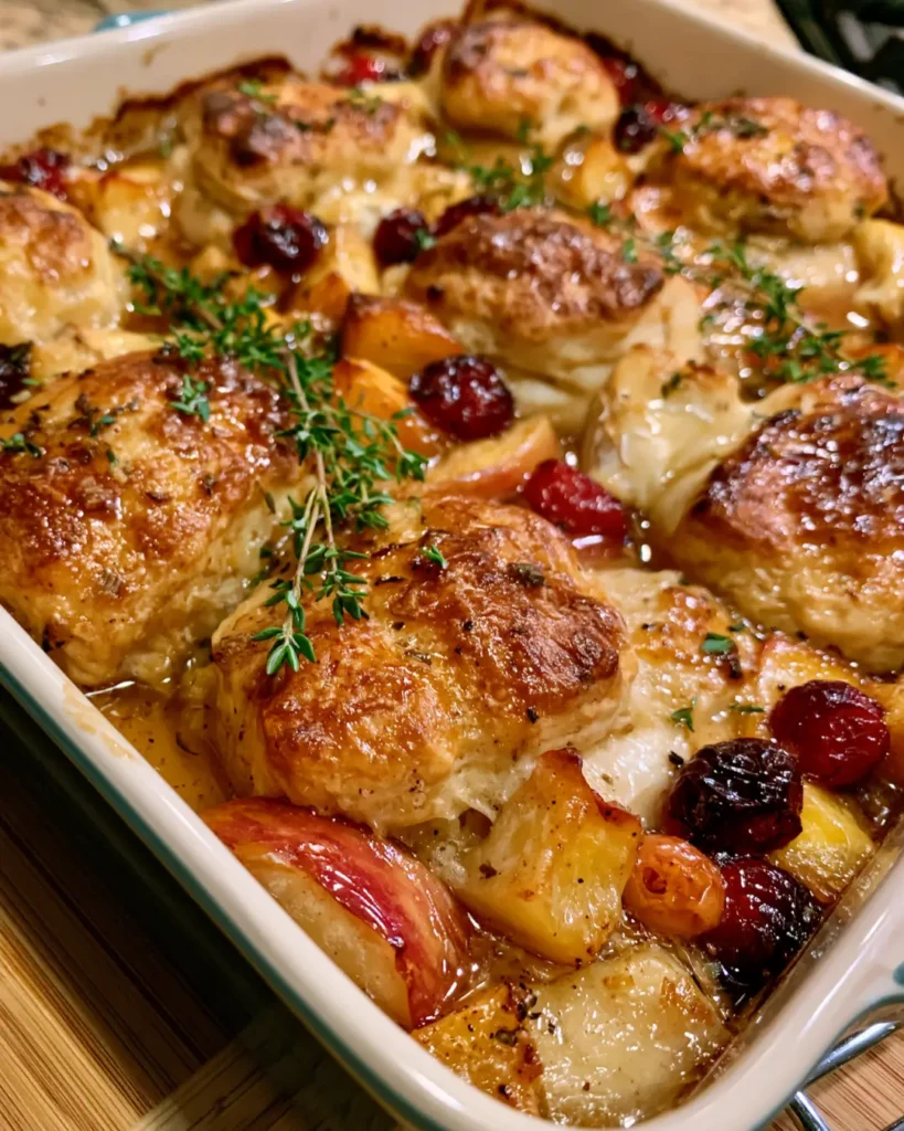Harvest Chicken Biscuit Bake with Apples, Cranberries & Brie
