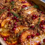 Layered Pumpkin & Pear Gratin with Brie, Pomegranate & Maple Pecan Crumble