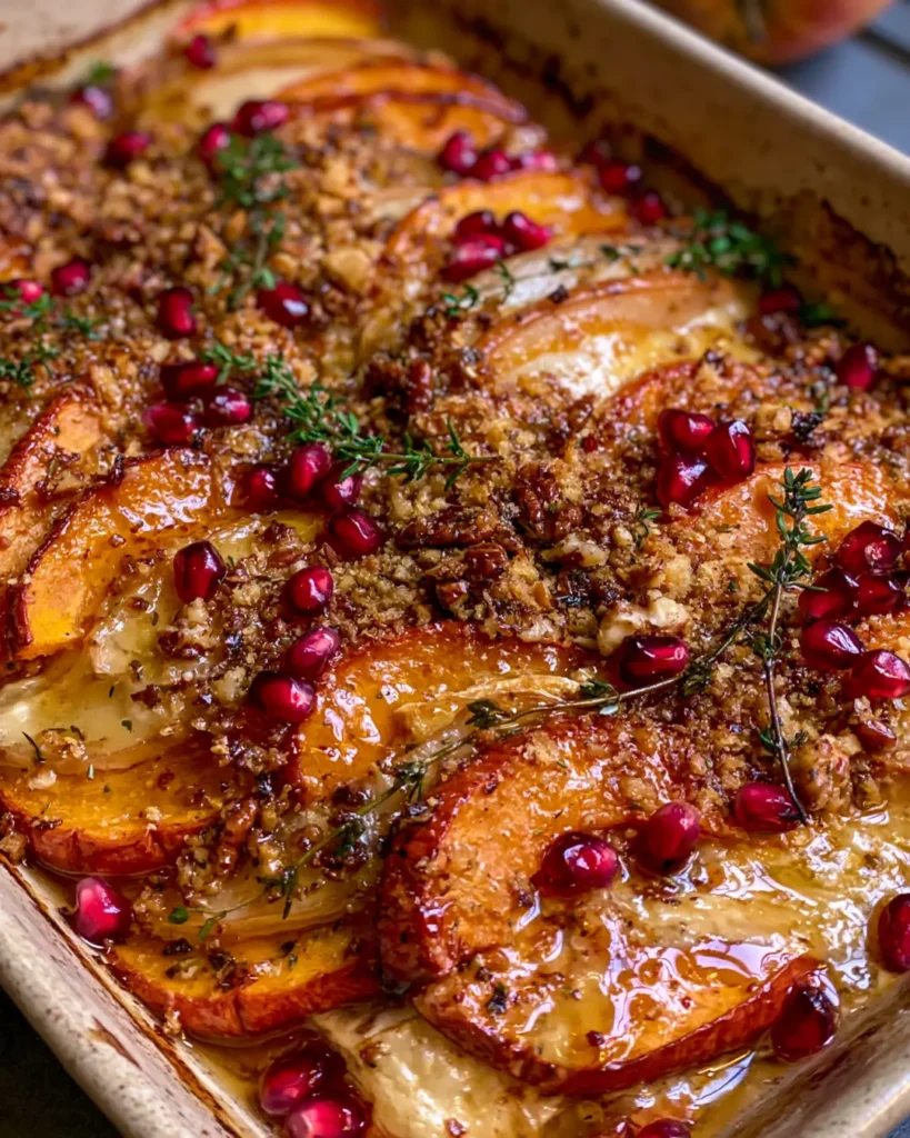 Layered Pumpkin & Pear Gratin with Brie, Pomegranate & Maple Pecan Crumble