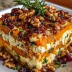 Layered Sweet Potato & Butternut Squash Lasagna with Feta, Walnuts & Cranberry Honey Glaze