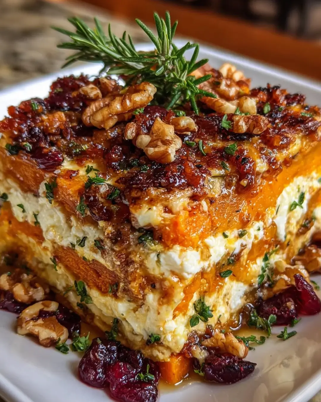Layered Sweet Potato & Butternut Squash Lasagna with Feta, Walnuts & Cranberry Honey Glaze