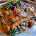 Layered Sweet Potato & Mushroom Lasagna with Spinach, Ricotta & Cranberry Honey Glaze