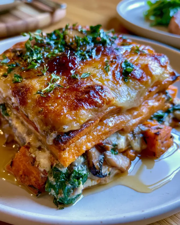 Layered Sweet Potato & Mushroom Lasagna with Spinach, Ricotta & Cranberry Honey Glaze