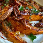Loaded Autumn Sweet Potato Wedges with Whipped Feta, Candied Pecans & Hot Honey Drizzle