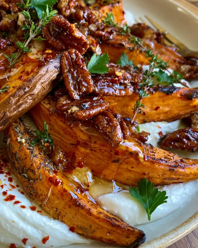 Loaded Autumn Sweet Potato Wedges with Whipped Feta, Candied Pecans & Hot Honey Drizzle