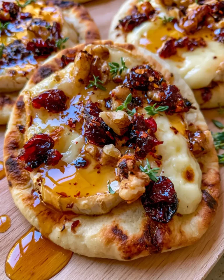 Mini Naan with Brie, Cranberries & Toasted Walnuts with a Hot Honey Drizzle