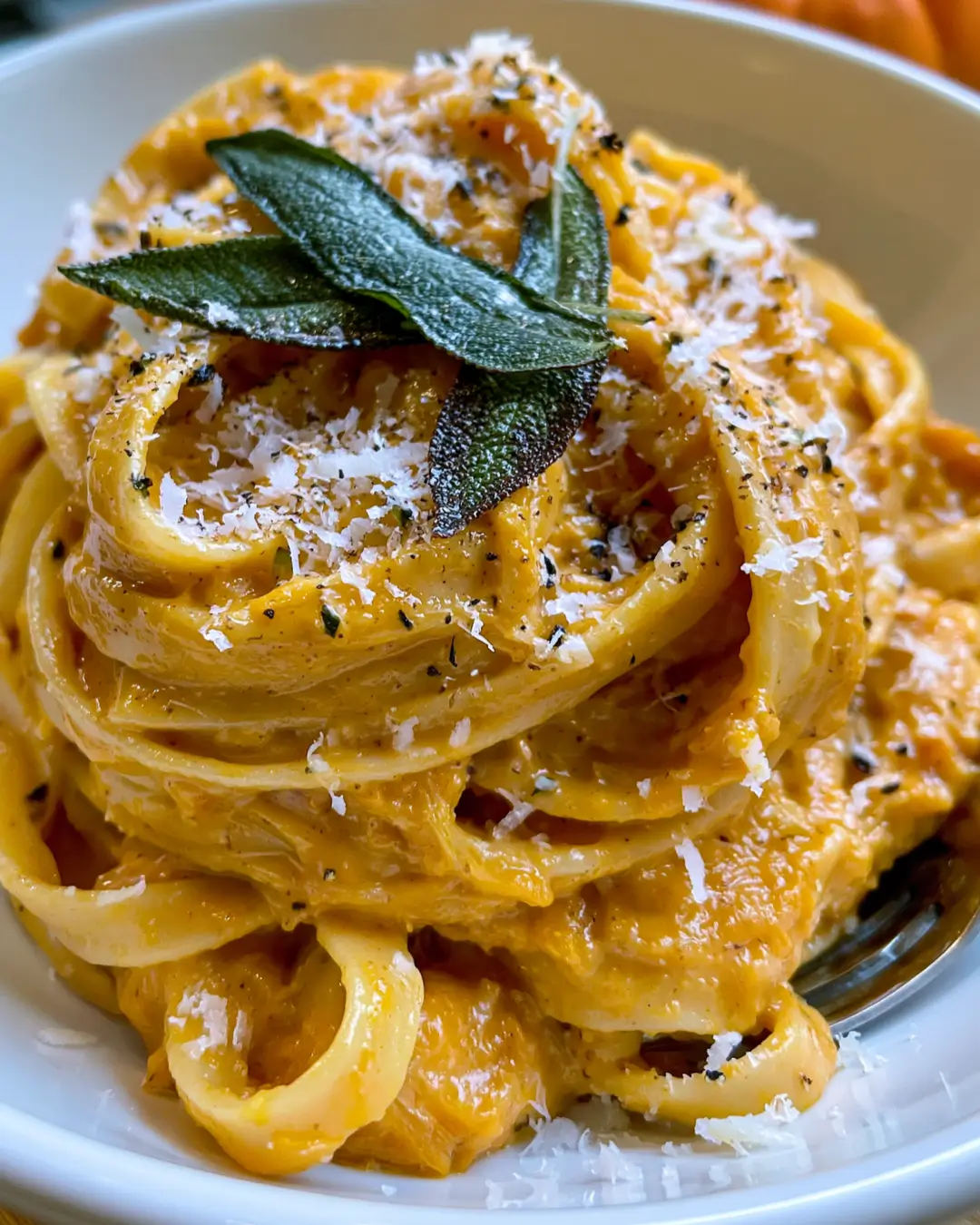 Pumpkin Alfredo Fettuccine with Crispy Sage & Parmesan