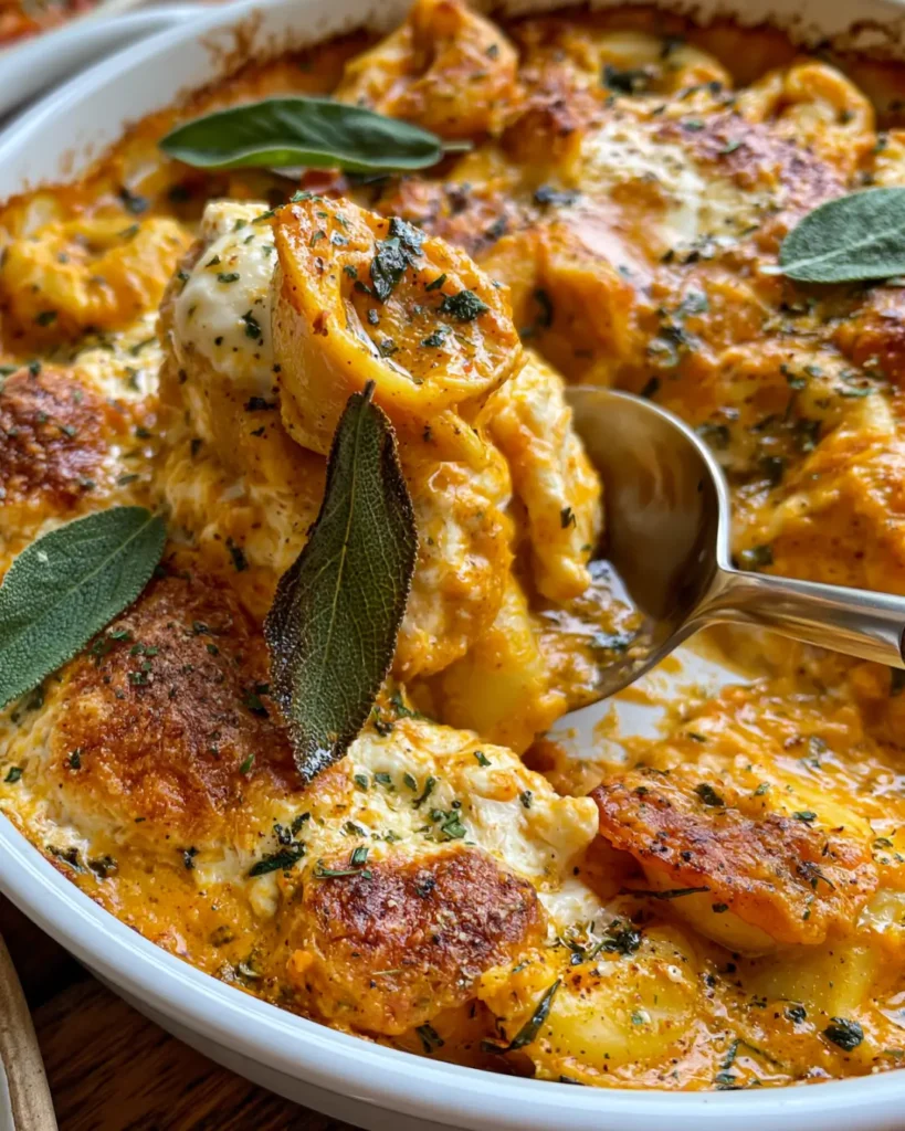 Pumpkin Tortellini Bake with Burrata & Crispy Sage