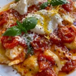 Ricotta and Lemon Zest Ravioli with Burst Tomatoes and Burrata