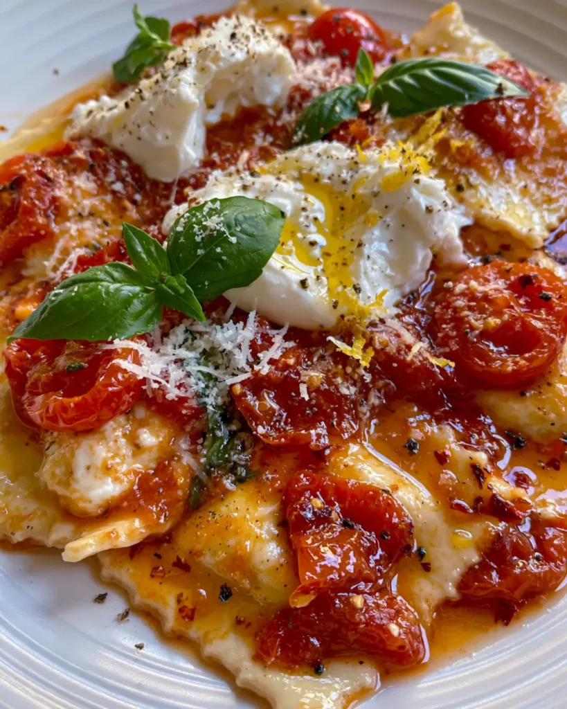 Ricotta and Lemon Zest Ravioli with Burst Tomatoes and Burrata