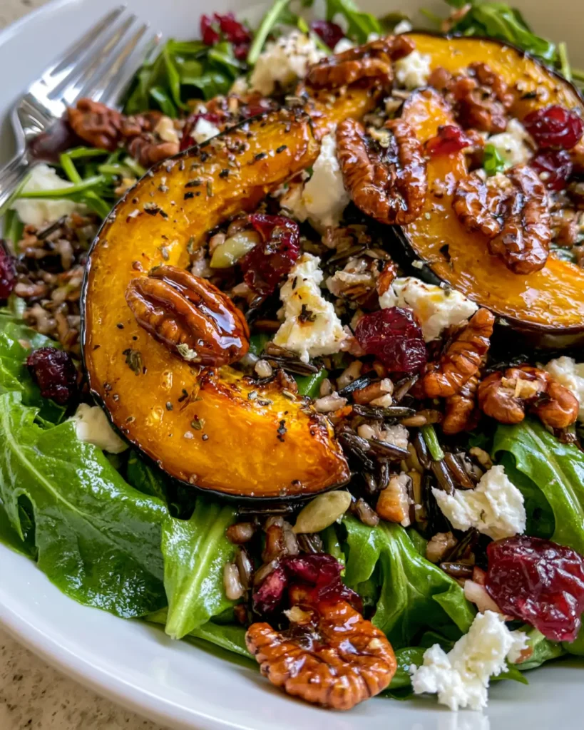 Roasted Acorn Squash Salad with Wild Rice, Cranberries, Feta & Maple Pecans