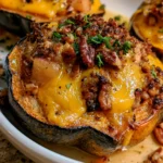 Roasted Acorn Squash Stuffed with Apple, Chicken, Cheddar & Pecan Crumble