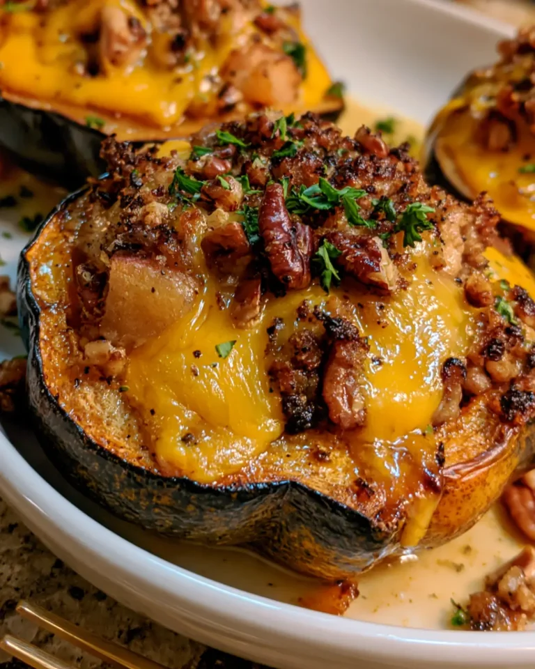 Roasted Acorn Squash Stuffed with Apple, Chicken, Cheddar & Pecan Crumble