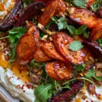 Roasted Carrot & Beet Salad with Whipped Feta, Pistachios & Hot Honey