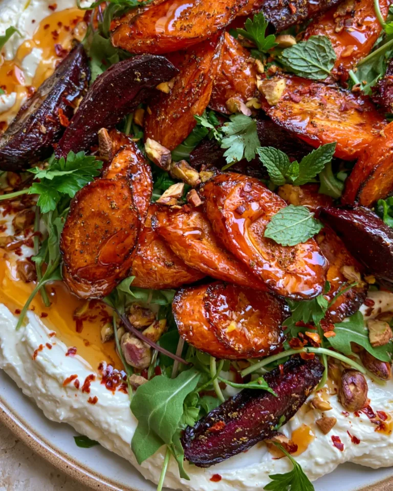 Roasted Carrot & Beet Salad with Whipped Feta, Pistachios & Hot Honey