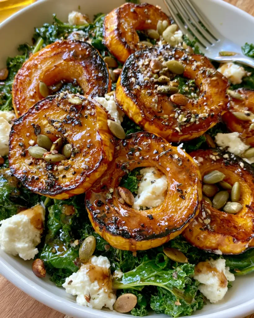Roasted Delicata Squash Salad with Kale, Goat Cheese, Pepitas & Maple Dijon