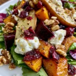 Roasted Pumpkin & Beetroot Salad with Pear, Goat Cheese, Cranberries & Toasted Walnuts